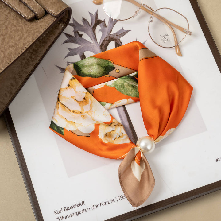 Tørklæde med magnetisk perle, polyester, blomstret, orange, vintage