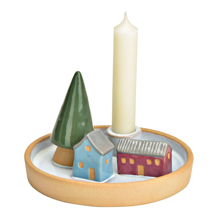 Lysestage juletræ, huse af stentøj, farvet (B/H/D) 17x9x17cm