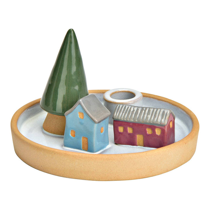 Lysestage juletræ, huse af stentøj, farvet (B/H/D) 17x9x17cm