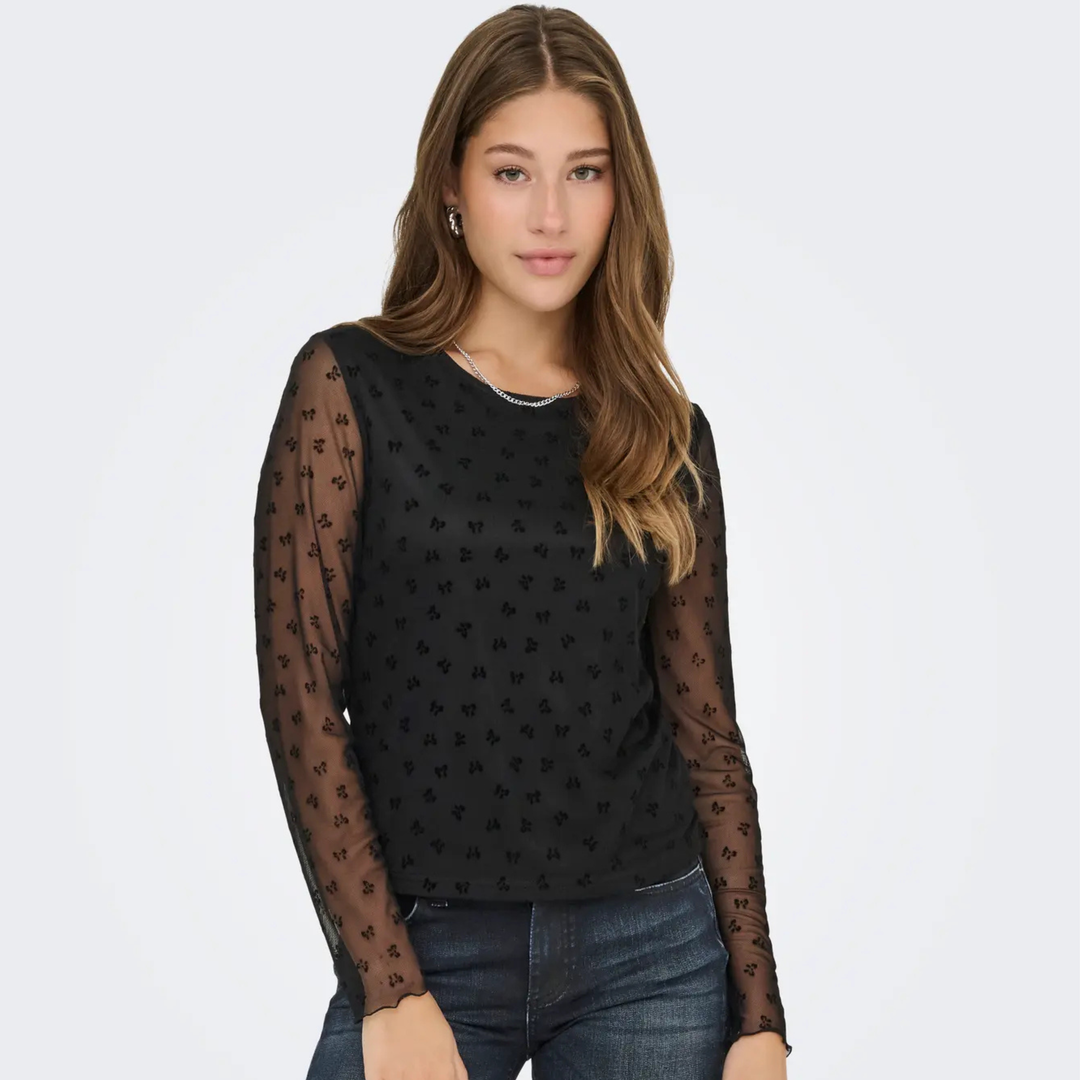 ONLY - TOP - SIENA 15362924 - BLACK FLOCK BOWS