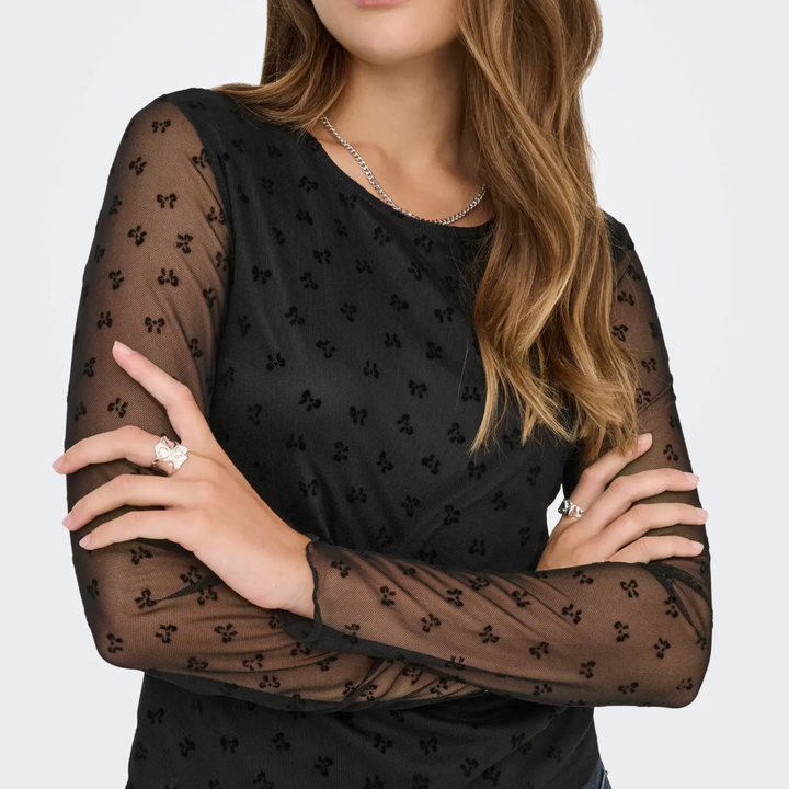 ONLY - TOP - SIENA 15362924 - BLACK FLOCK BOWS